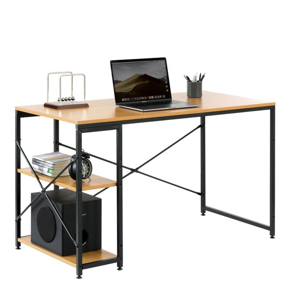 Basicwise Industrial Rectangular Wood and Metal Home Office Computer Desk with 2 Side Shelves, Natural QI003992.NC